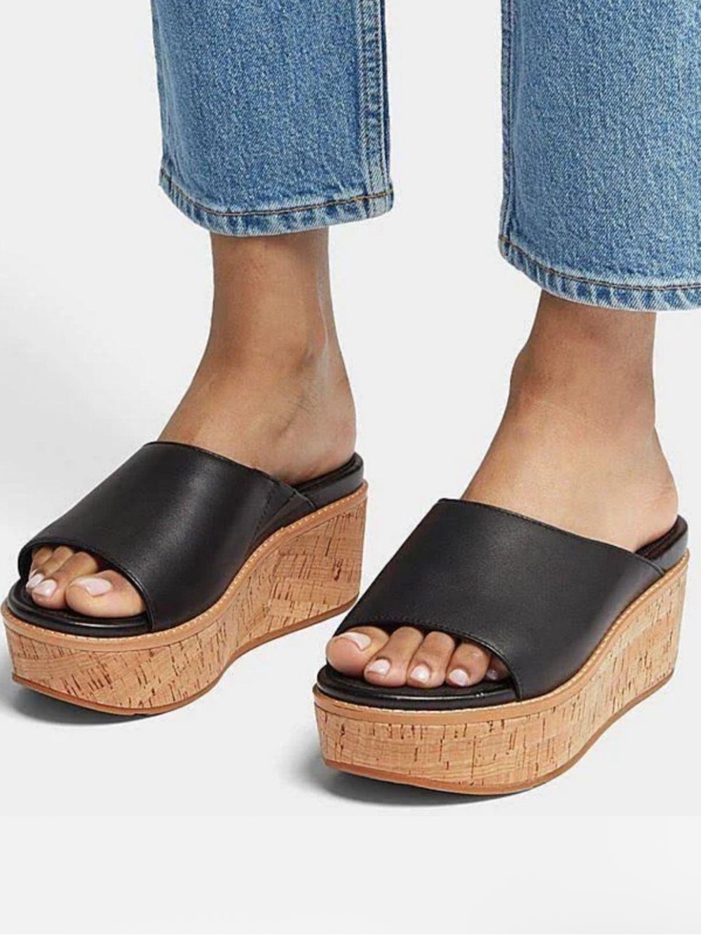 FitFlop Black Cork Platform Wedge Slide Sandals Size 11